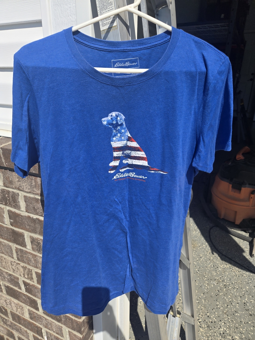 Eddie Bauer Blue Graphic Tee with American Flag Dog